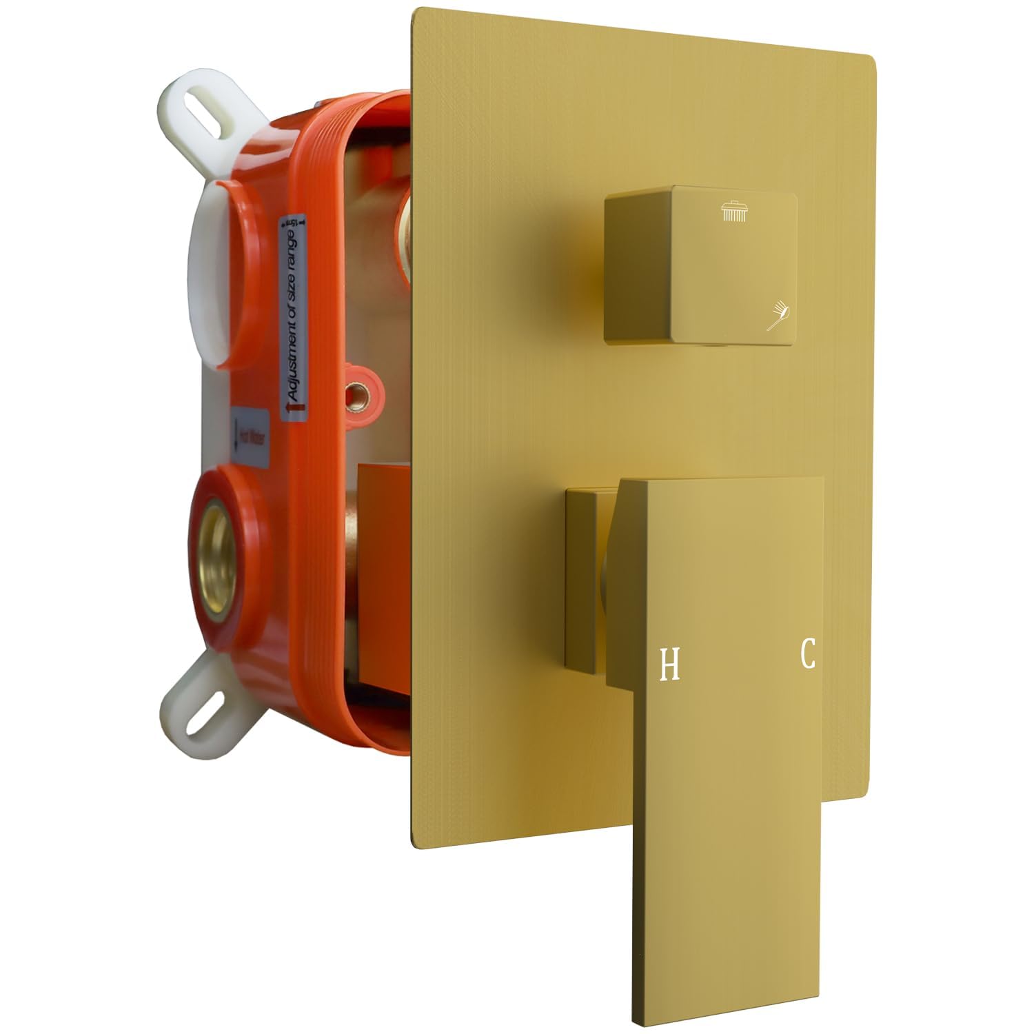 GETSHOWERSET Square Concealed 2 Way Shower Mixer Valve, Dual Function Shower Diverter Mixer Valve, Wall Mount Shower Faucet Rough-in Valve Bathroom Trim Kit Brushed Gold
