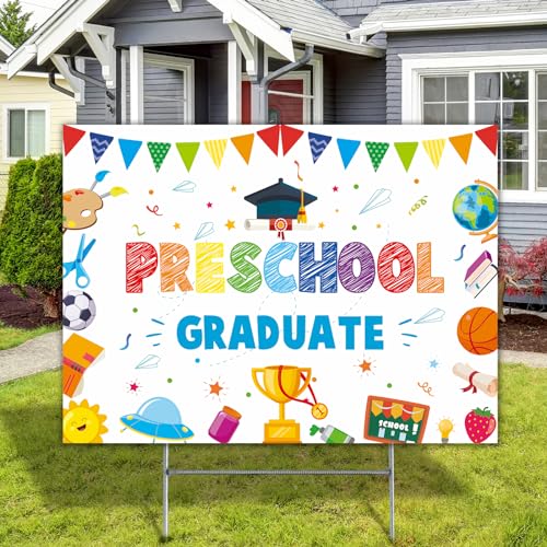 Preschool Graduate Yard Sign Graduation Party Decorations Prek Congrats Lawn Sign Outdoor Grad Class of 2025 White Yard Sign with Stake for Kids School Kindergarten Ceremony Prom Supplies