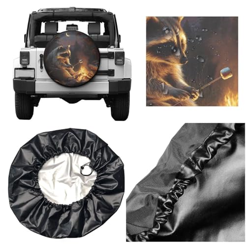 Image of Night Campfire Raccoon Spare Tire Cover for Rv SUV Truck Camper Trailer,Cute Animal Tire Cover Wheel Covers Universal Fit,15 inch