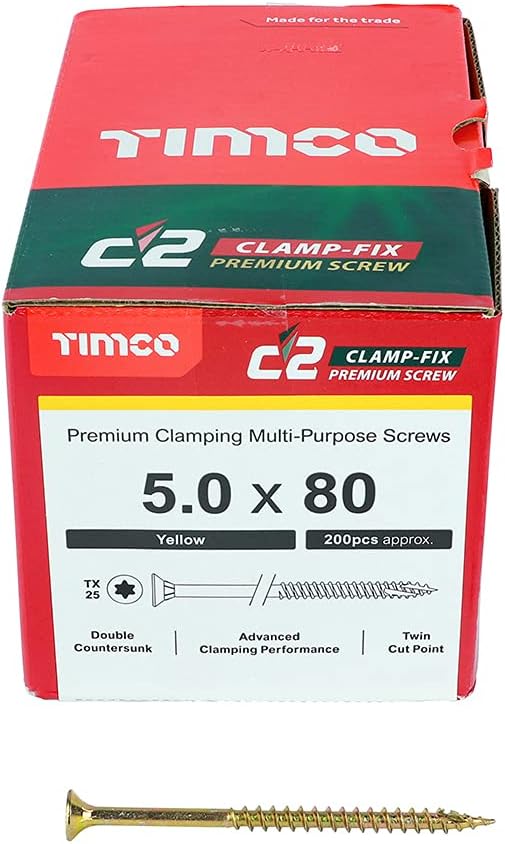 50080C2C 200TX-Double Countersunk-Gold-5.0 x 80-Box of 200 C2 Clamp-Fix Multi-Purpose Premium Screws