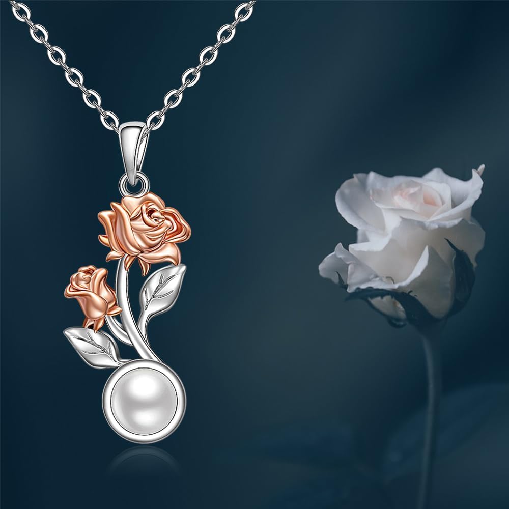 Birth Flower Necklace June Birthstone Rose Necklace for Women Sterling Silver Pearl Rose Pendant Jewelry Charm Mom Birthday Christmas Gifts - Image 5