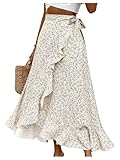 OYOANGLE Women's Floral Print Ruffle Trim Skirts High Waisted Tie Side Wrap Flowy Long Skirt Apricot Multi Medium