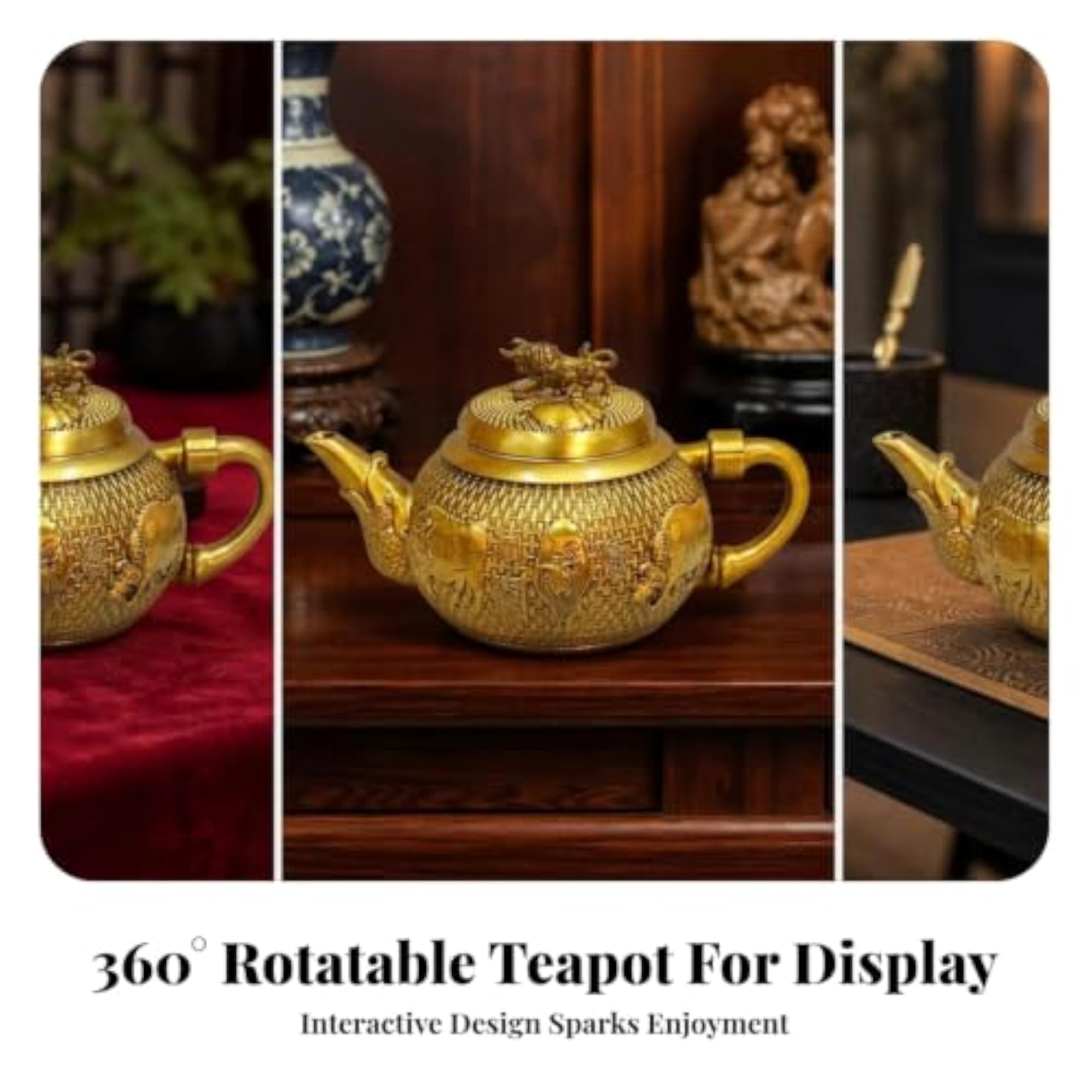 Woven Texture Brass Teapot Ornament, Embossed Gold Design