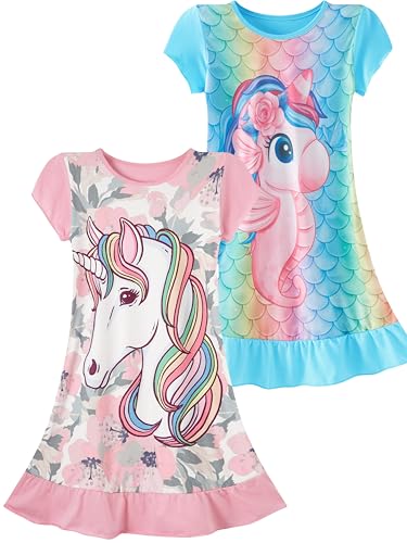 SOIBEEN Mädchen Nachthemden Einhorn Nachthemden 2-Pack Nachthemd Kurzarm...