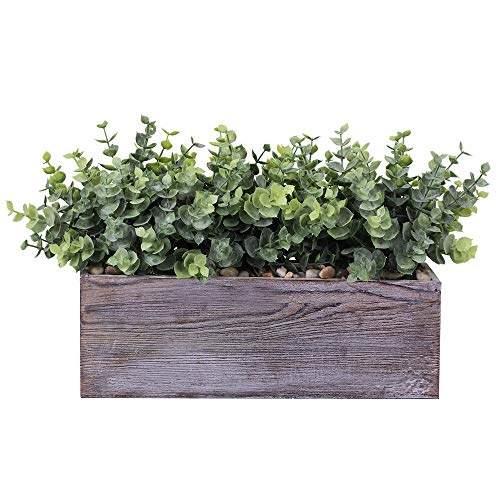 Faux Eucalyptus Plants In Rustic Rectangular Wood Planter Box Artificial Eucalyptus Greenery Arrangement Potted Plant In Dusty Green For Wedding Centerpiece Office Room Table Windowsill Décor #TOP2