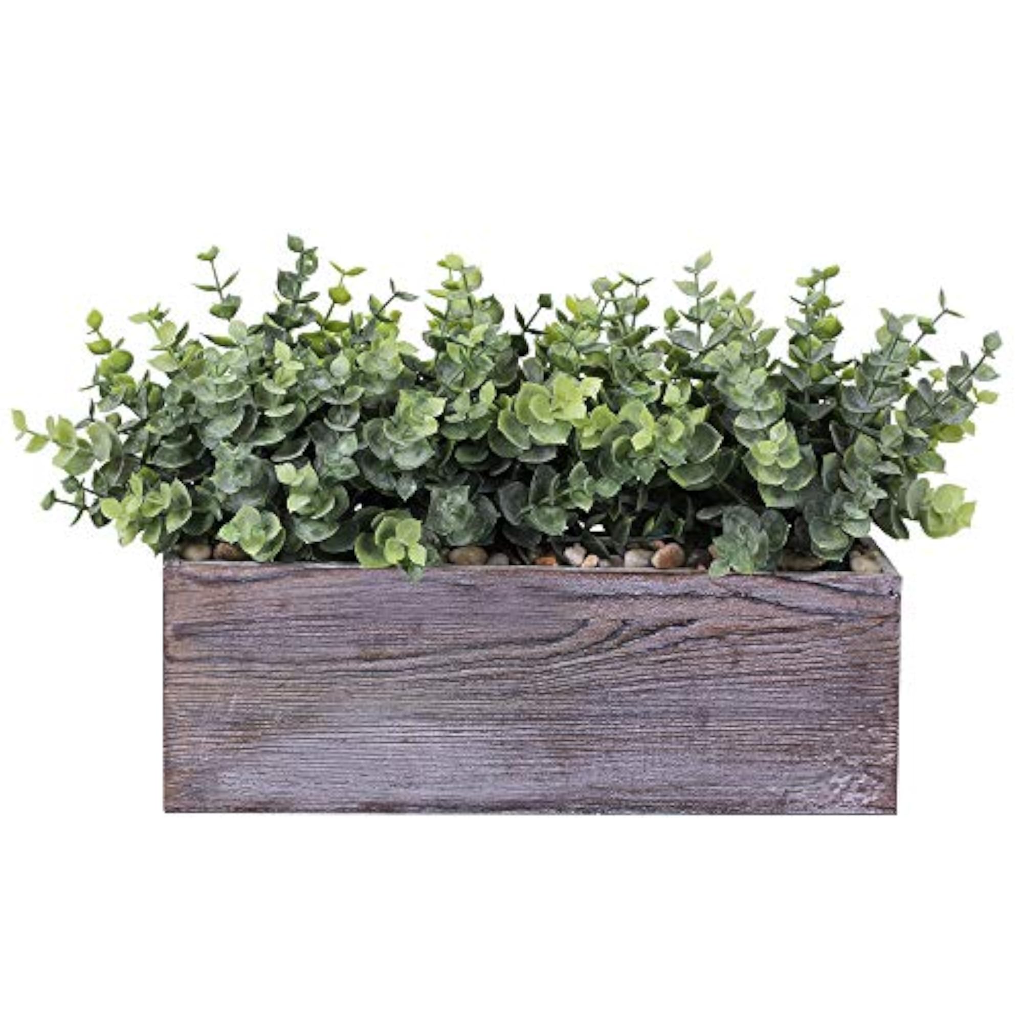 Faux Eucalyptus Plants in Rustic Rectangular Wood Planter Box