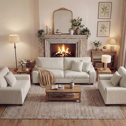 DOPEDIO Modern Living Room Sofa Set, 88.58" Chenille Loveseat with 2 Accent Chairs, Removable Covers, Spring Cushions, Solid Wood Frame, Easy Assembly（88.58inch+2 Single,Beige）