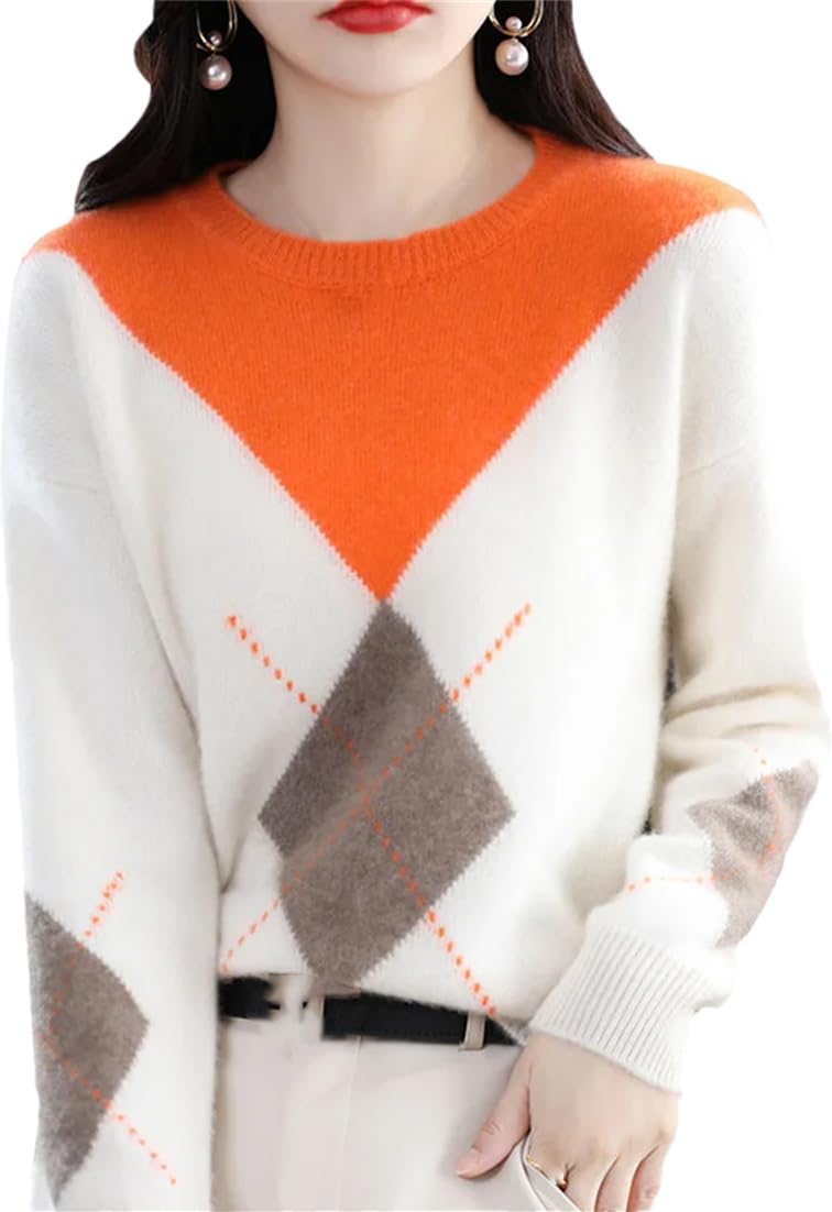 Maglione da Donna in Maglia Girocollo 100% Lana Pullover con Motivo A Rombi Larghi Top Abbinati