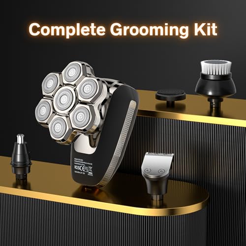 BarberBoss Golarka obrotowa 7D dla mężczyzn – magnetyczna golarka rotacyjna 5 w 1 z wyświetlaczem LED, ładowanie USB-C, trymer do brody i nosa, zestaw do pielęgnacji twarzy wszystko w jednym, QR-2025