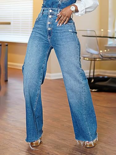 Flamingals Womens Straight Leg High Waist Casual Ripped Button Fly Wash Raw Hem Denim Jeans3
