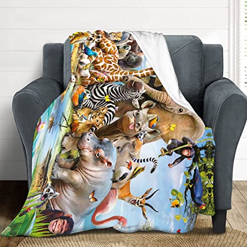 Zoo Animals Flannel Blanket African Safari Animals Elephant Tiger Giraffe Fleece Throw Blanket Super Soft Cozy Plush Fuzzy Blankets For Couch Sofa Bed Gifts For Kids Adults 50"X40" #TOP4