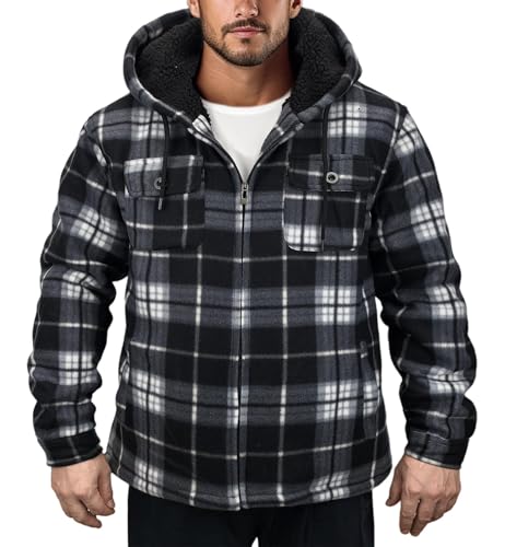 Plaid Flannel Jackets for Men Sherpa Fleece Lined Zip Up Hoodies Thick Winter Heavy Warm Coats with Hood