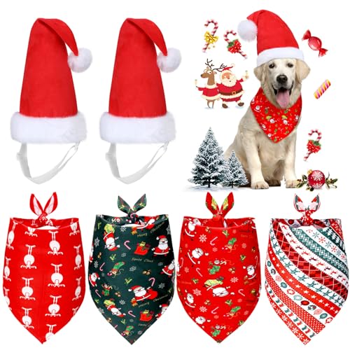 Christmas Dog Bandanas Hat Set 4 Pieces Christmas Dog Bandana Adjustable Pet Triangle Scarf and 2 Pieces Pet Santa Hat for Cats Costumes(Santa Patterns,Large)