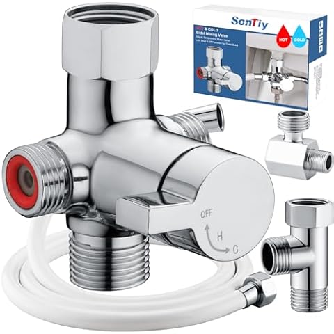 SonTiy Hot and Cold Bidet Mixing Valve Kit, 4-Way Warm Bidet T-adapter Metal T valve for Bidet Valve Adapter with Brass Tee Connector for Bidet Toilet Seat Attachment Handheld Bidet Sprayer Cover