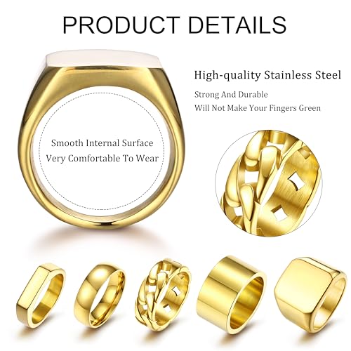 Sanfenly 5 PCS 14K Gold Rings for Men Mens Gold Ring Mens Stainless Steel Rings Square Signet Rings Pinky Thumb Ring Chunky Thick Band Cuban Link Chain Ring Cool Finger Ring Wedding Band Ring for Men（Size 7-15）2