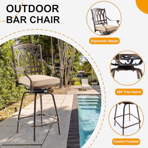 Attliahome Bar Height Outdoor Table and Chairs, 3 PCS Cast Aluminum Patio Swivel Bar Set Include 31.5\" Outdoor High Top Table and Barstool Set of 2 with Cushions