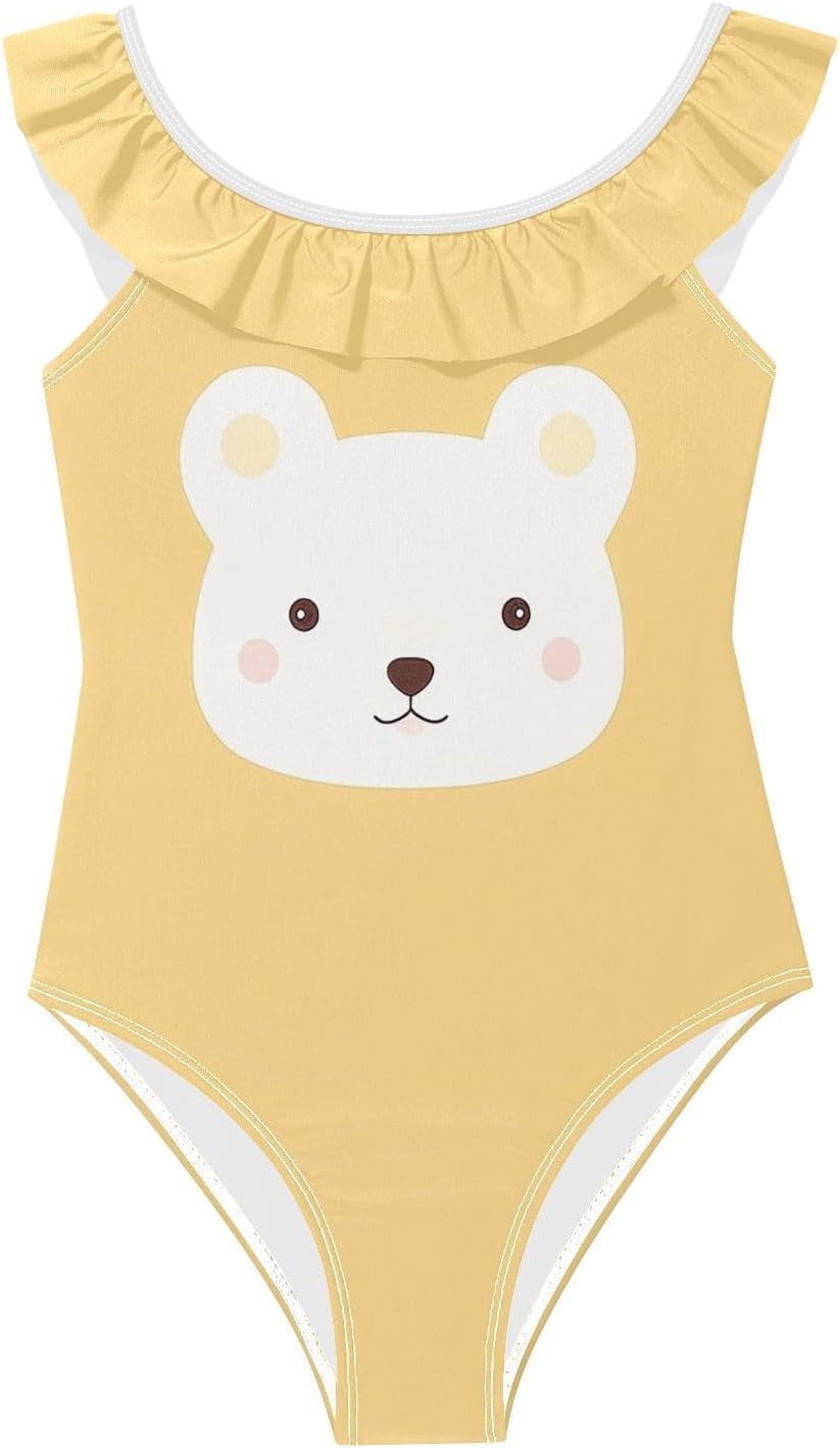 visesunny Girls One Piece Swimsuits Ruffle Swimwear Cartoon White Bear Yellow Bathing Suits for Girls 3-6Y