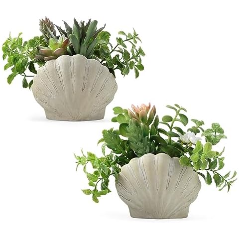 Lewondr Fake Plants Set of 2, Assorted Faux Succulents Artificial Plants with Sea Shell Pots, Artificial Greenery in Coastal Beach Decor, Ocean Seashell Series for Home Bedroom Beach Theme Party Cover