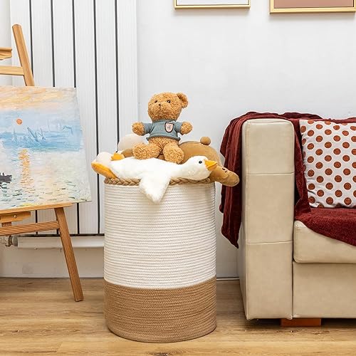 Image of ALBY Woven,Tall Wicker Laundry Basket for Blankets,Clothes,Pillows,Toys,Shoes Large Cotton Laundry Hamper for Bedroom Living Room Bathroom Nursery (12''D x 15''H INCH, WhiteA)