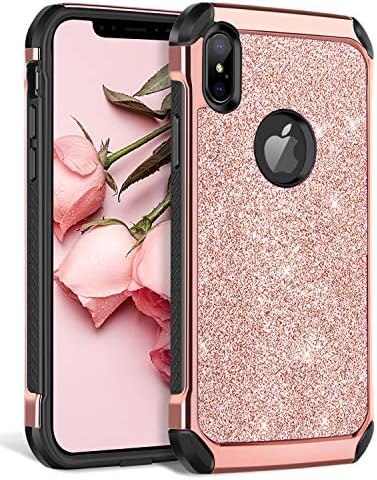 BENTOBEN iPhone Xs Max Case, Bling Glitter Slim Shockproof Two Layer Protective Shiny Girl Women Faux Leather Full Body Soft Bumper Hard PC Phone Cover for Apple iPhone Xs Max 6.5”(2018), Rose Gold