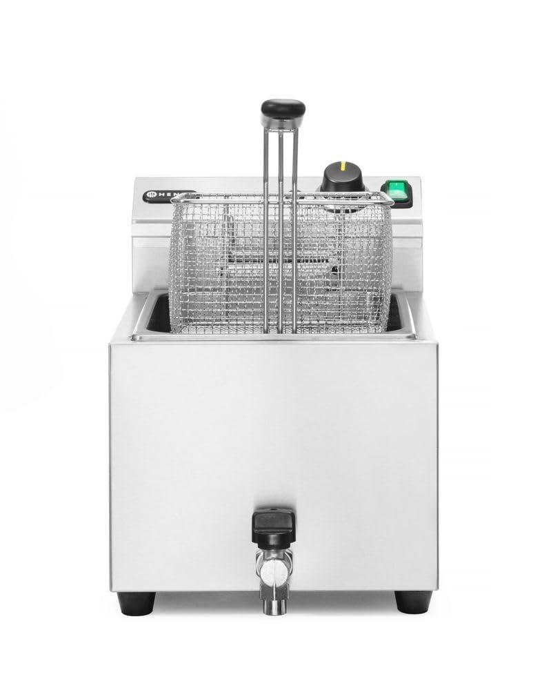 HENDI Fritteuse, mit Ablasshahn, Friteuse, Fritöse, einstellbar bis 190°C, Kaltzone, mit Frittierkorb und Deckel, 10L, 400V, 6600W, 302x687x(H)375mm, Edelstahl