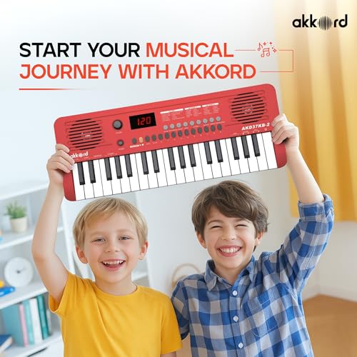 Image of Akkord 37 Keys Music Keyboard - Red Edition | 20 Rhythms, 10 Tones & 10 Demos, LED Display, Portable Beginner Piano Compatible | Kids, Beginner Keyboard with USB-C Cable (Without Adapter and MIDI)