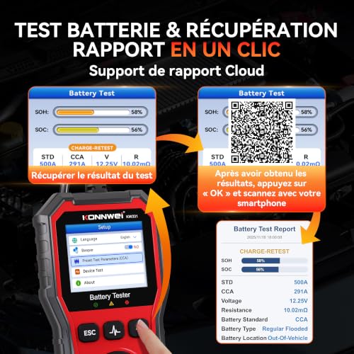 KONNWEI KW331 Testeur de Batterie avec Impression Cloud 10-2000 CCA 6V 12V 24V AGM Lithium Gel Batterie Analyseur Numérique Alternateur Système de Charge et Démarrage Voiture Moto Camions Marrine – vue 5