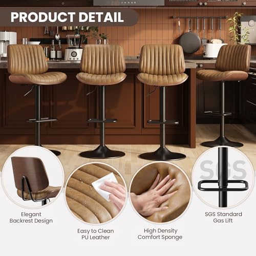 Image of MALOL Bar Stools Set of 4, Adjustable Counter Height Bar Chairs 26 inch-34.5 inch with Swivel & Footrest, Modern Faux Leather Barstools for Kitchen Island, Dining Room,Pub,Brown