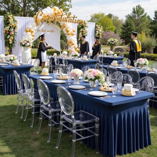 Image of 3 Packs Navy Blue Spandex Tablecloths for 8 Foot Rectangle Tables, Stretchy Fitted 8FT Blue Table Skirt for Wedding Party, Wrinkle Free Tablecloths for Banquet Wedding Birthday Party