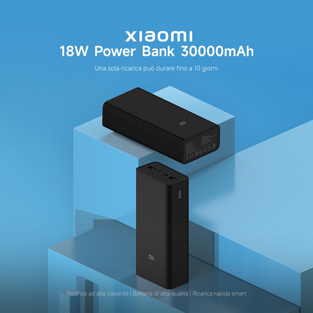 Xiaomi Power Bank da 18 W, 30000 mAh, funzione di ricarica rapida da 18 W, ricarica 3 dispositivi contemporaneamente, Power Delivery 3.0, adatta al volo, completamente carica in 7,5 ore, compatta e