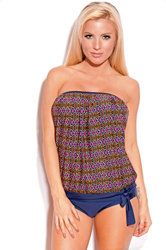 2 PC. Ladies Navy and Orange Diamond Bands Blouson Top Swimsuit Set
