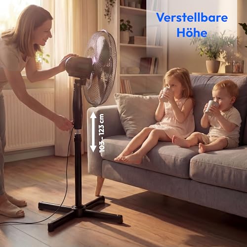 MEDION Standventilator mit Fernbedienung, drei Geschwindigkeitsstufen, 45 Watt Leistung, 36 cm, Schwenkfunktion, Oszillation, verstellbare Höhe, MD18795, schwarz 3