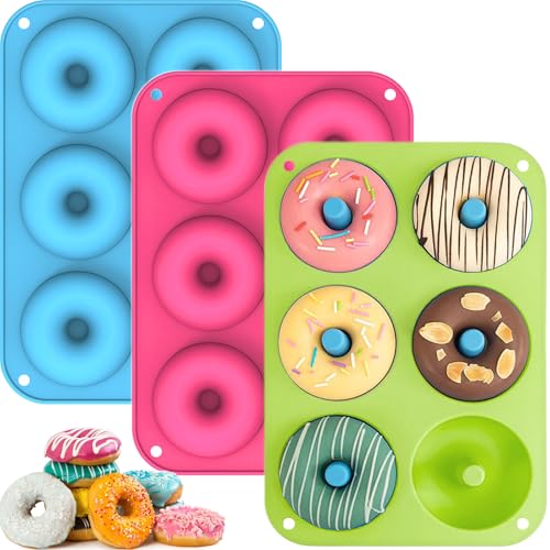 BGOBTY Moldes de Silicona para Donuts,3 piezas Molde Donuts Silicona,6 cavidades Moldes Reposteria,antiadherentes,moldes silicona reposteria para pasteles,galletas,bagels,muffins (Redonda)