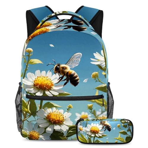 Sac à dos abeille et fleur avec trousse scolaire ado et étudiant