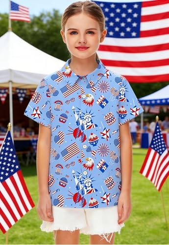Image of 4th of July Shirts for Girls Boys American Patriotic Tshirt Kids Hawaiian Button Down Tops