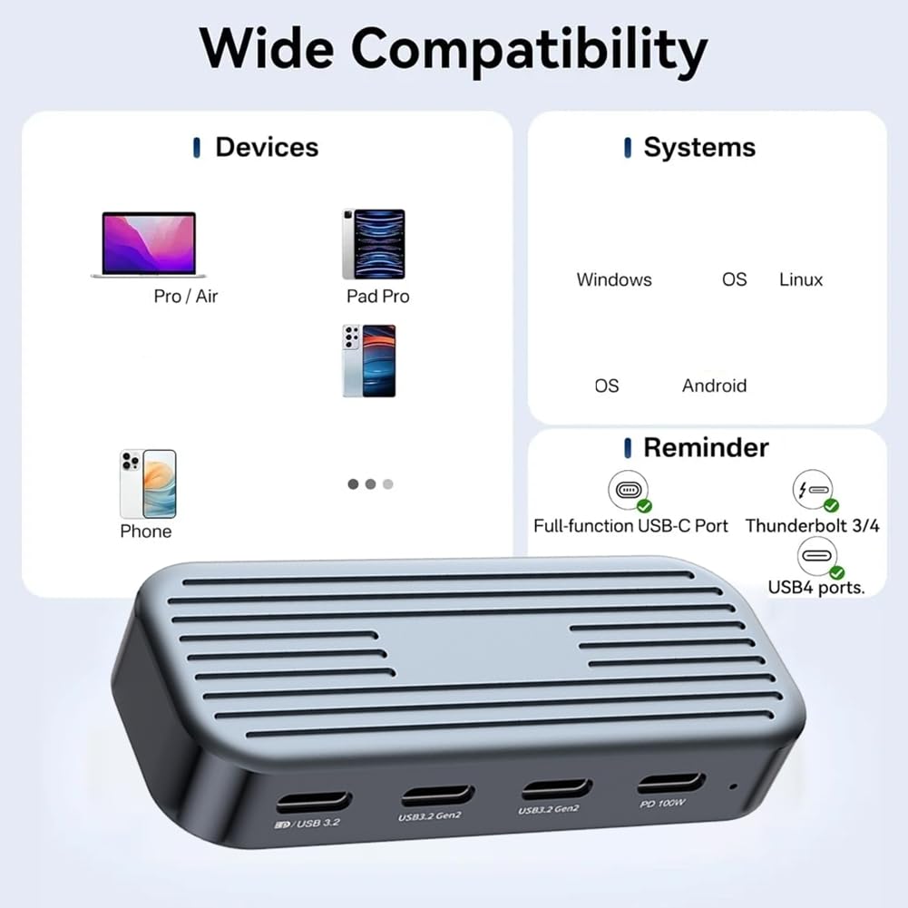 Hub USB C 10 Gb/s z wyjściem wideo 4K przy 60 Hz, PD100 W, adapter rozdzielacza USB 3.2 Gen2 do laptopa