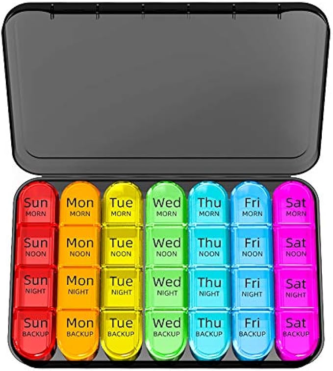 Odaro Weekly Pill Organizer 4 Times a Day, Daily Pill Box 7 Day, Large Travel Pill Case with 28 Compartment to Hold Medicine, Vitamin and Supplement (Color)