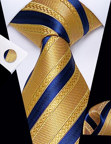 Image of YourTies Striped Ties for Men Classic Woven Silk Necktie with Handkerchief Cufflinks Set Formal Business Party Wedding