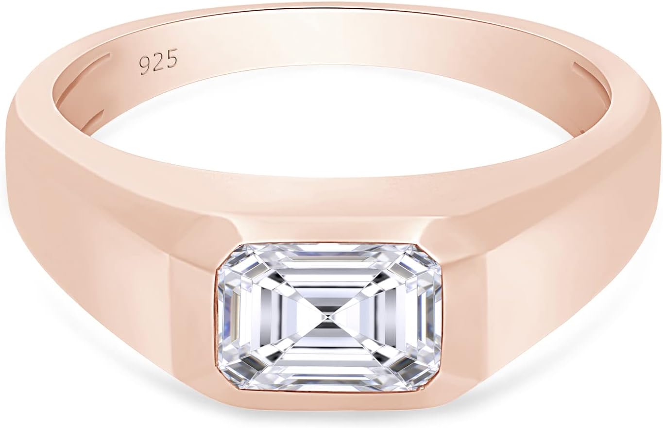 SAVEARTH DIAMONDS 7x5MM Emerald Cut Lab Created Moissanite Diamond Bezel Set Signet Engagement Ring For Men In 14K Gold Over 925 Sterling Silver (VVS1 Clarity, 1.00 Cttw)