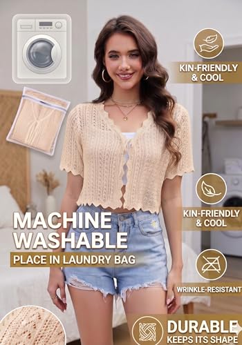 Image of Womens Lightweight Short Sleeve Cardigan Trendy Knit Hollowed-Out Y2k Cropped Tie-Front Shrugs for Dresses Pants Shorts