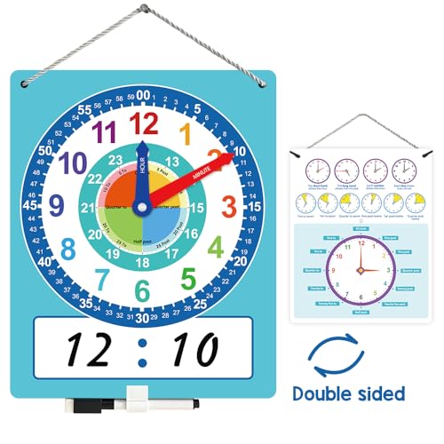 Lachilly Writable Dry Erase Learning Clock, Teaching Demonstration Clock, Telling Time Practice Clock Labelled Minute & Hour Hands, with Cute Style for Home School Classroom Supplies, 10.9
