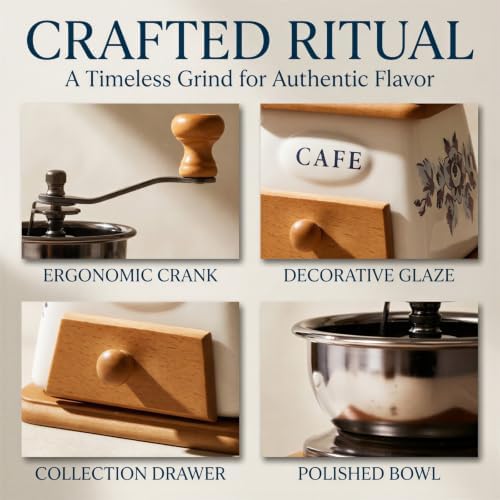 Manual Vintage Ceramic Burr Coffee Grinder with Wooden Base and Drawer, Stainless Steel Bowl, Floral Cafe Pattern, Hand Crank Mini Coffee Grinder for Home Kitchen, Travel, Office