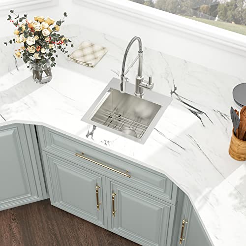 Image of Kichae Drop In Bar Sink- 15 x 15 Small RV Sink Topmount 16 Gauge Stainless Steel Single Bowl Ledge Workstation Wet Bar Prep Kitchen Sinks Patio Handmade Basin with Cutting Board & Rack