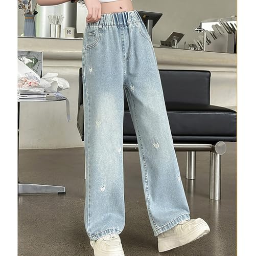 Girls Baggy Jeans Wide Leg Elastic Waist Print Lightweight Wash Denim Pants 𝗬2K Loose Casual Trousers2