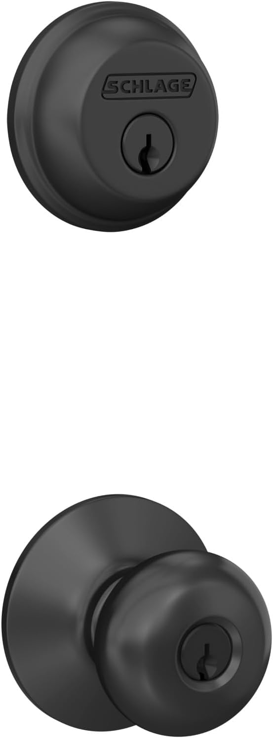 Schlage FB50 N G PLY 622 Single Cylinder Deadbolt and Keyed Entry Plymouth Knob in Matte Black.