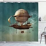 Ambesonne Fantasy Decor Shower Curtain, Surreal Sky Scenery with Steampunk Airship Fairy Sci Fi Stardust Space Image, Fabric Bathroom Decor Set with Hooks, 70 Inches, Teal and Brown
