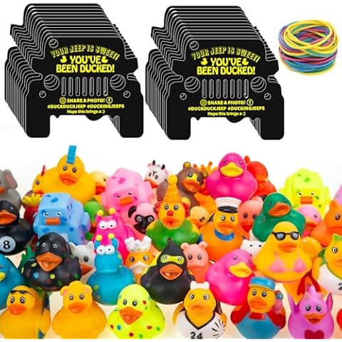 Fantasyon 150 Funny Ducked Card 50 Pack Duck Duck Tags, 50 Yellow Rubber Ducks, 50 Rubber Bands, Attach to Rubber Ducks Die Cut Black Jeep Car Design With Round Hole… Cover