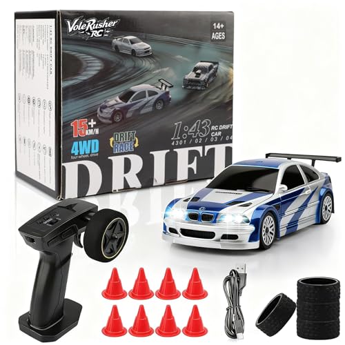 VoleRusher RC [4WD Edition 1/43 Scale Mini RC Drift Car, Toys for Age 8-14 Old Birthday Gifts, High Speed Racing Micro Small with Full Proportional RTR 2.4GHz Remote 2 Tire Sets 8 Cones - Blue