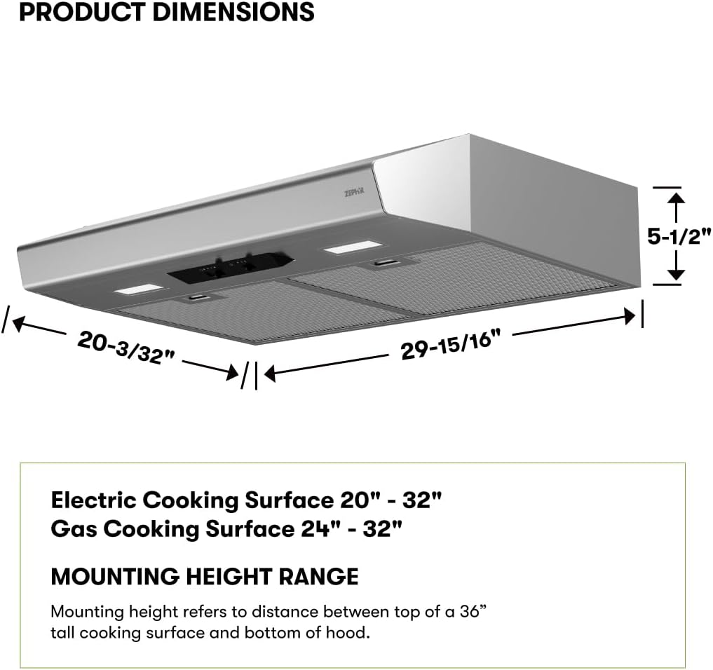 Zephyr 30 Inch Wide Under Cabinet Range Hood Breeze I - 250 CFM with LED Lights - Stainless Steel (AK1100B)