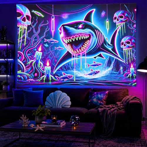 Image of BlissYard Blacklight Tapestry 78x59 Inch Neon Shark Glow in the Dark Wall Hanging Trippy Underwater Skull Scene UV Reactive Black Light Tapestry for Bedroom Party Dorm Decoration